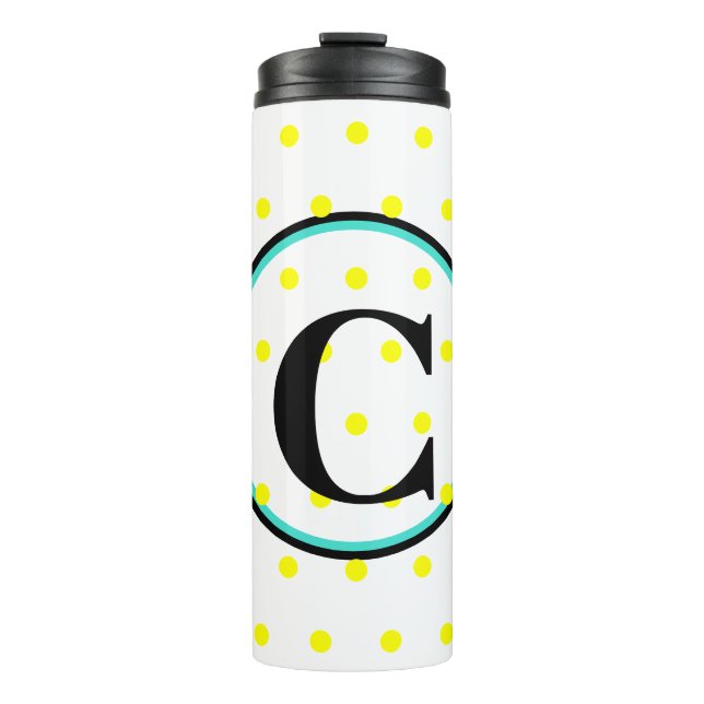 Monogram Blue Yellow Polka Dots Thermosbecher (Vorderseite)