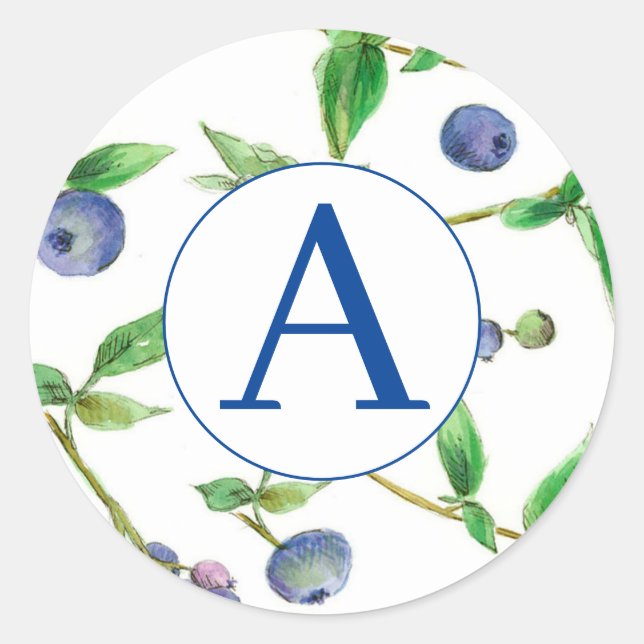 Monogram Blueberries Aquarellfrucht Runder Aufkleber (Vorderseite)