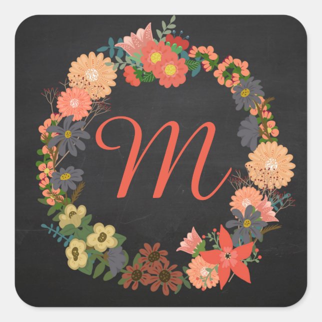 Monogram, Blumenkranz, Square Stickers (Vorderseite)