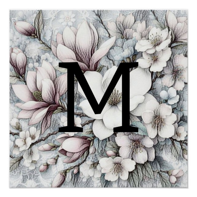 Monogram, blumenzeichnend rosa Magnolien-Blume Poster (Vorderseite)