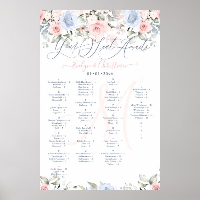 Monogram Blush & Dusty Blue Rose Seekarte Poster (Vorne)