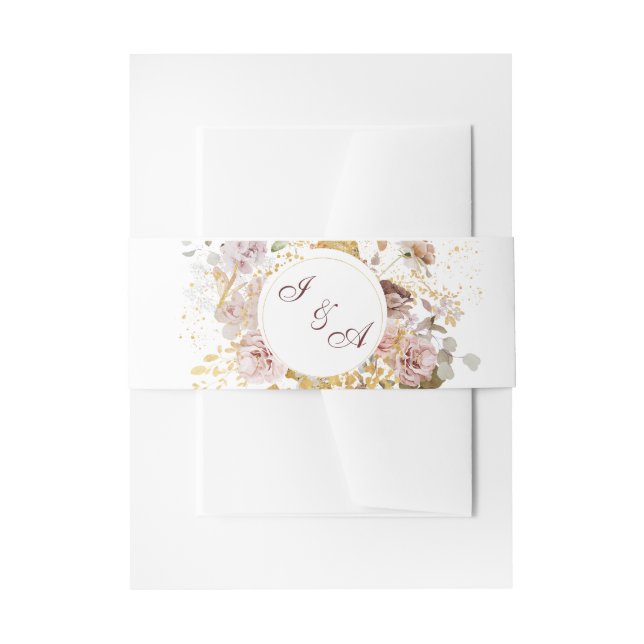 Monogram Blush Peony & Gold Burgundy Bloral Einladungsbanderole (Vorderseite Beispiel)