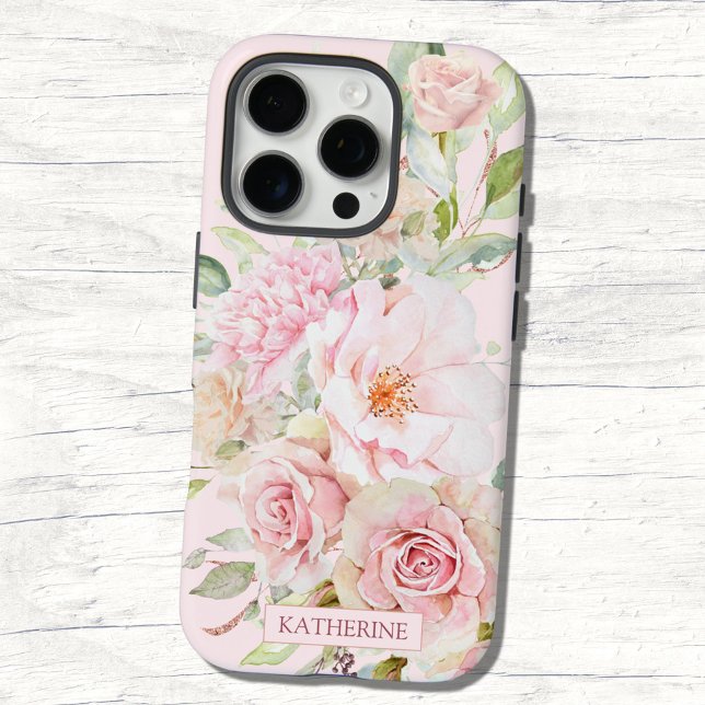 Monogram Blush Pink Aquarell Rose Blume Bloral Case-Mate iPhone Hülle (Close up)