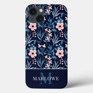 Monogram Blush Pink Blue Watercolor Blumenmuster Case-Mate iPhone Hülle