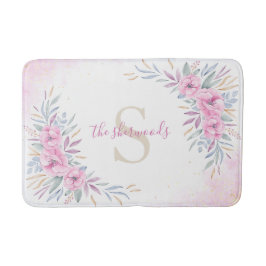 Monogram Blush Pink Blume Aquarell Elegant Badematte