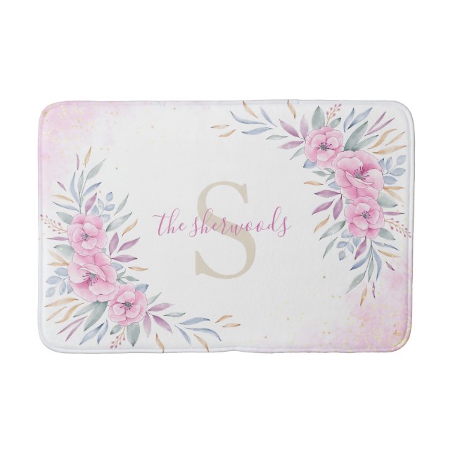 Monogram Blush Pink Blume Aquarell Elegant Badematte (Vorderseite)