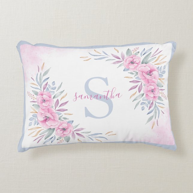 Monogram Blush Pink Blume Aquarell Elegant Dekokissen (Vorderseite)