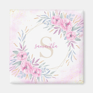 Monogram Blush Pink Blume Aquarell Elegant Magnet