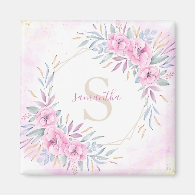 Monogram Blush Pink Blume Aquarell Elegant Magnet (Vorne)