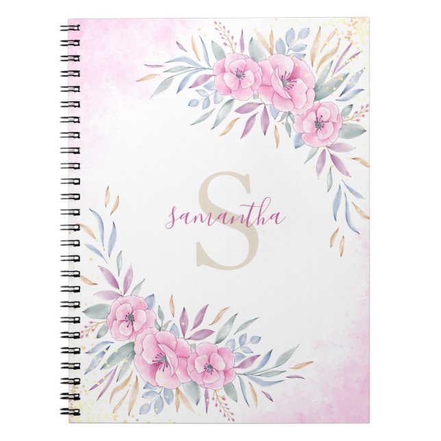 Monogram Blush Pink Blume Aquarell Elegant Notizblock (Vorderseite)