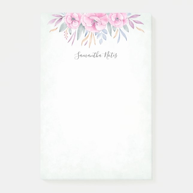 Monogram Blush Pink Blume Aquarell Elegant Post-it Klebezettel (Vorderseite)