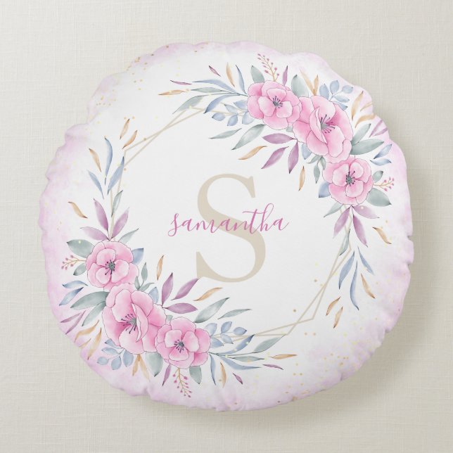 Monogram Blush Pink Blume Aquarell Elegant Rundes Kissen (Vorderseite)