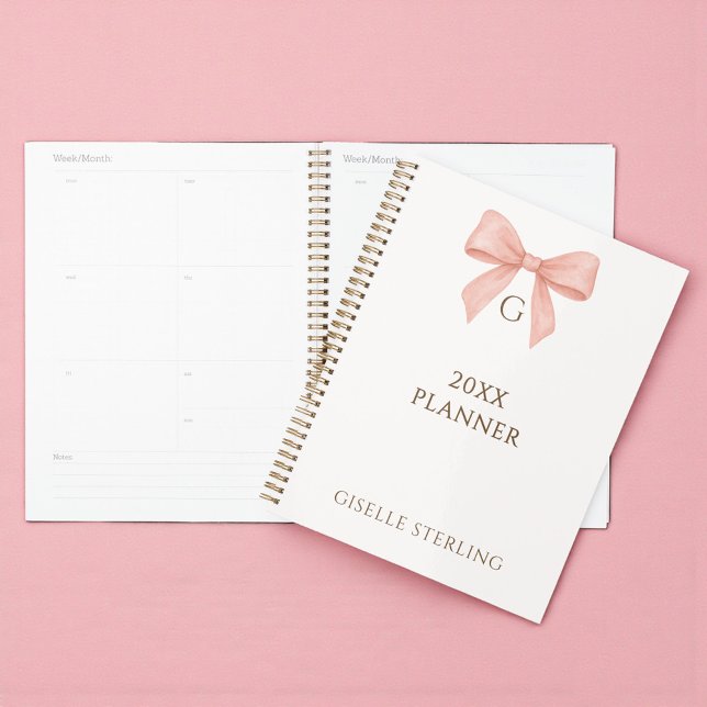 Monogram Blush Pink Bow Watercolor Planer (Von Creator hochgeladen)
