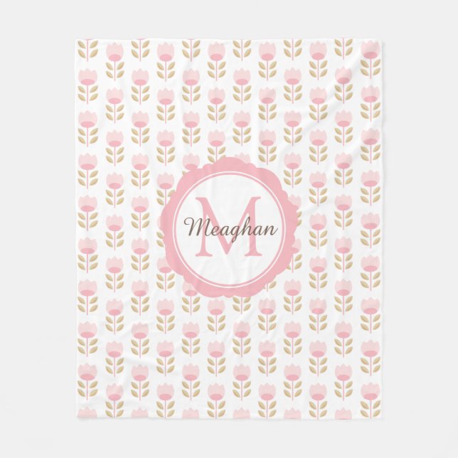 Monogram Blush Pink Floral Pattern Fleecedecke (Vorderseite)