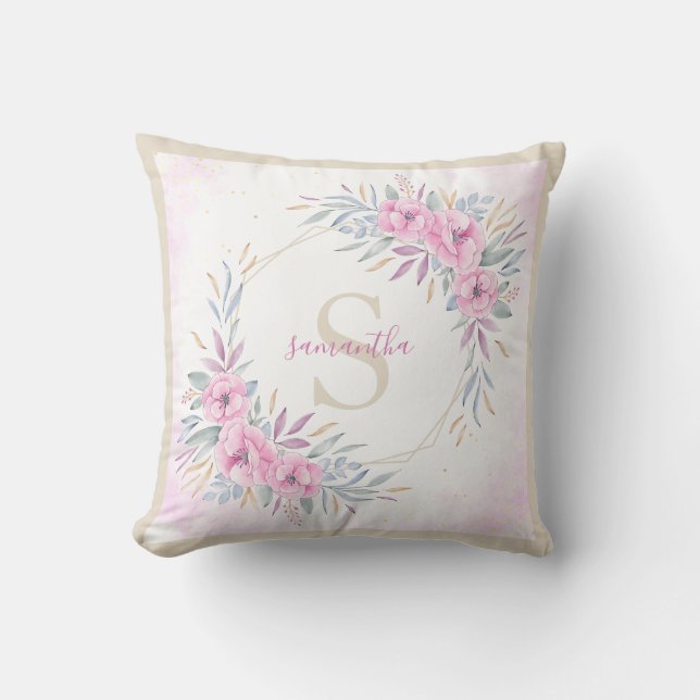 Monogram Blush Pink Floral Watercolor Elegant Kissen (Vorderseite)
