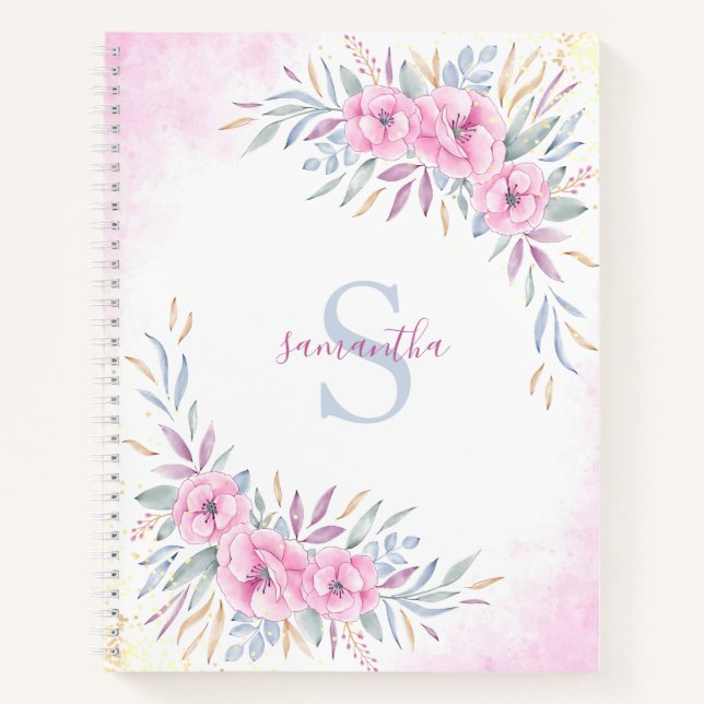 Monogram Blush Pink Floral Watercolor Elegant Notizbuch (Vorderseite)