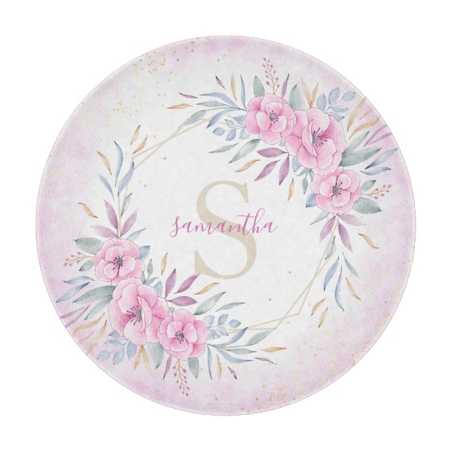 Monogram Blush Pink Floral Watercolor Elegant Schneidebrett (Vorderseite)