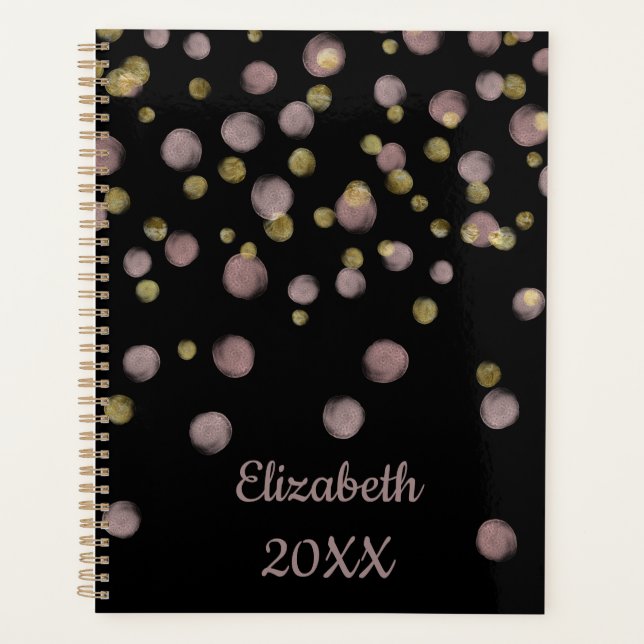 Monogram Blush Pink Gold Overlay auf schwarz Planer (Vorderseite)