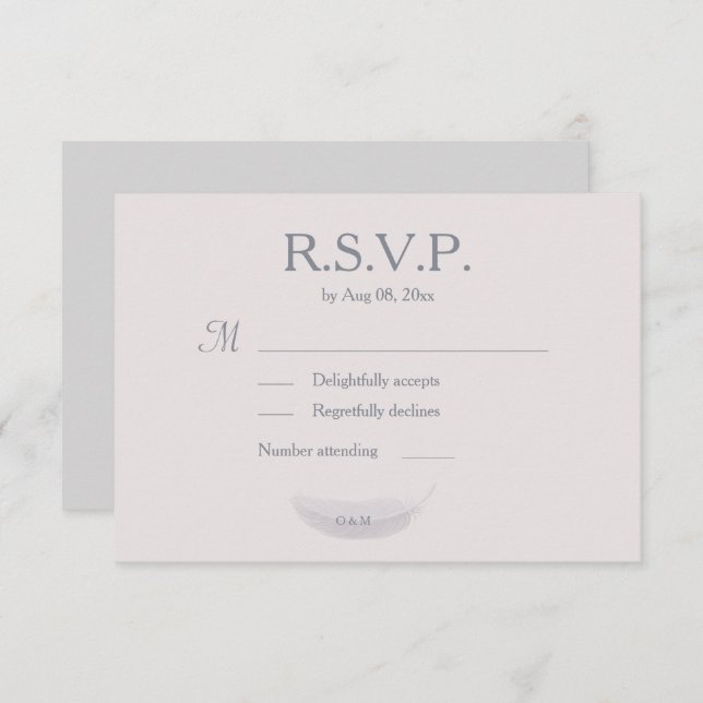 Monogram Blush Pink Grey Feather Wedding RSVP Einladung (Vorne/Hinten)
