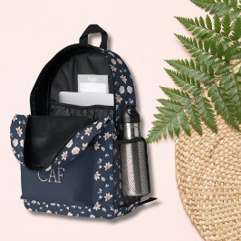 Monogram Blush Pink Navy Blue Floral Blume Bedruckter Rucksack