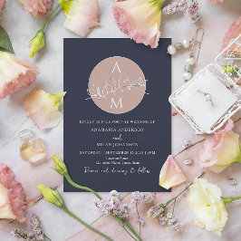 Monogram Blush Pink Navy Blue Wedding Einladung