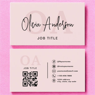 Monogram Blush Pink QR Code Modern Minimalistisch Visitenkarte