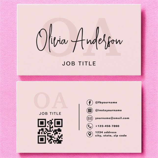 Monogram Blush Pink QR Code Modern Minimalistisch Visitenkarte (Von Creator hochgeladen)