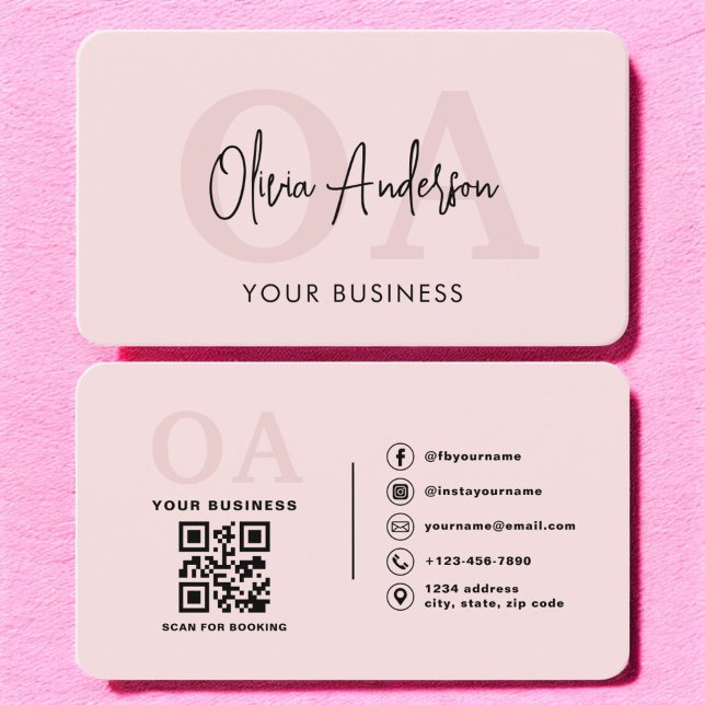 Monogram Blush Pink QR Code Modern Minimalistisch Visitenkarte (Von Creator hochgeladen)