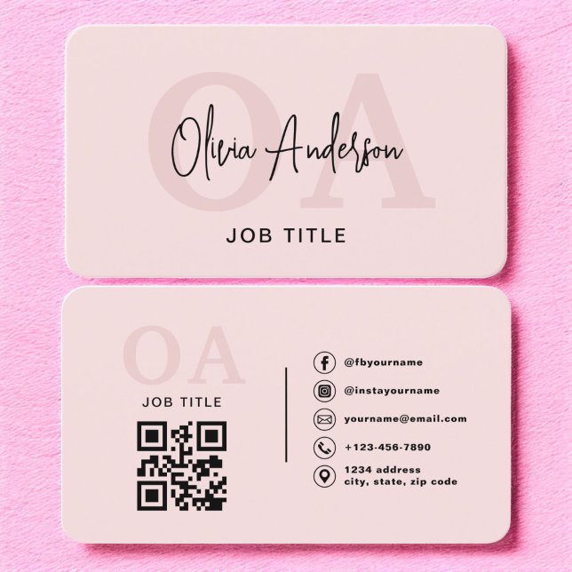 Monogram Blush Pink QR Code Modern Minimalistisch Visitenkarte (Von Creator hochgeladen)