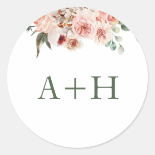 Monogram Blush Pink Roses Grüne Hochzeit Runder Aufkleber