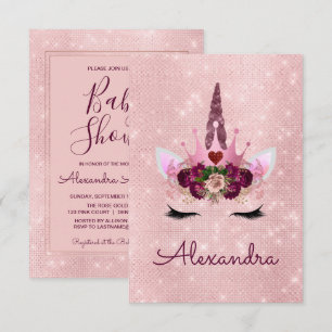 Monogram Blush Pink Sparkle Unicorn Kinderdusche Einladung
