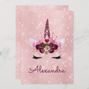 Monogram Blush Pink Sparkle Unicorn Kinderdusche Einladung