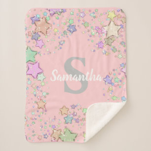 Monogram Blush Pink Stars Baby Girl's Personalisie Sherpadecke
