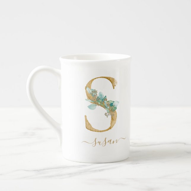 Monogram Blush Pink Wasserfarbe Blumenzange S Bauc Prozellantasse (Links)