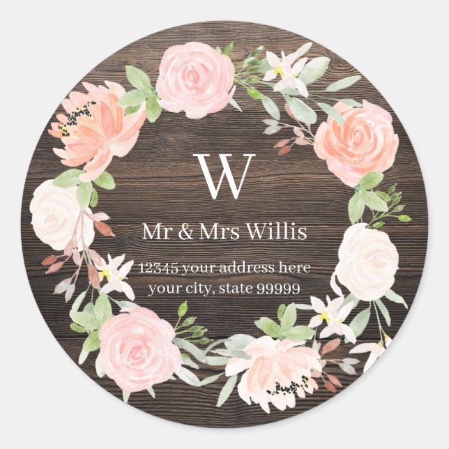 Monogram Blush Rose Holz Rustikale Rücksendeadress Runder Aufkleber (Vorderseite)