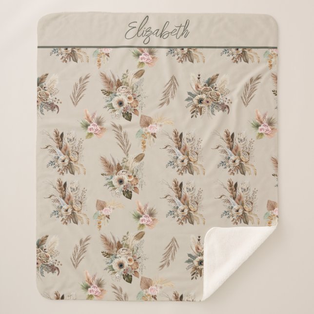 Monogram Boho Beige Green Pink Floral Botanisch Sherpadecke (Vorderseite)
