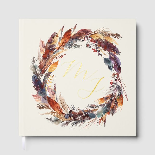 Monogram Boho Feathers Wreath Wedding Gold Foil Gästebuch (Vorderseite)