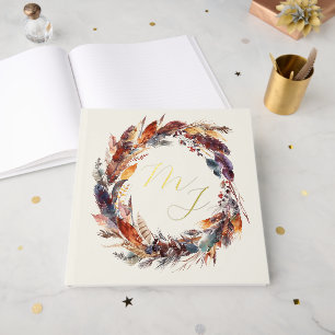 Monogram Boho Feathers Wreath Wedding Gold Foil Gästebuch