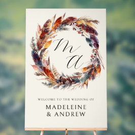 Monogram Boho Feathers Wreath Wedding Welcome Acrylschild