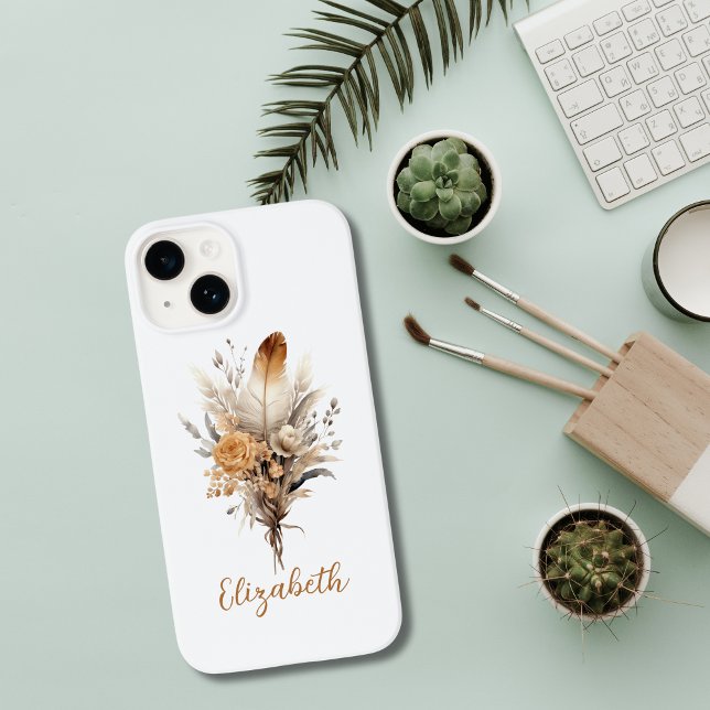 Monogram Boho Floral Brown Beige Weiß Grau Case-Mate iPhone Hülle (Browns Grey White Boho Botanical Floral Monogrammed iPhone case)