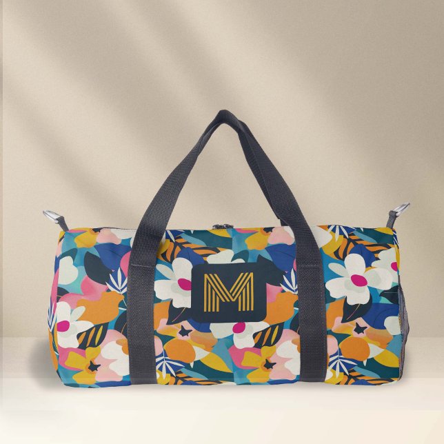 Monogram boho floral Retro 70 Style Dance Duffle Bag (Boho floral Retro 70s style womens duffel bag)