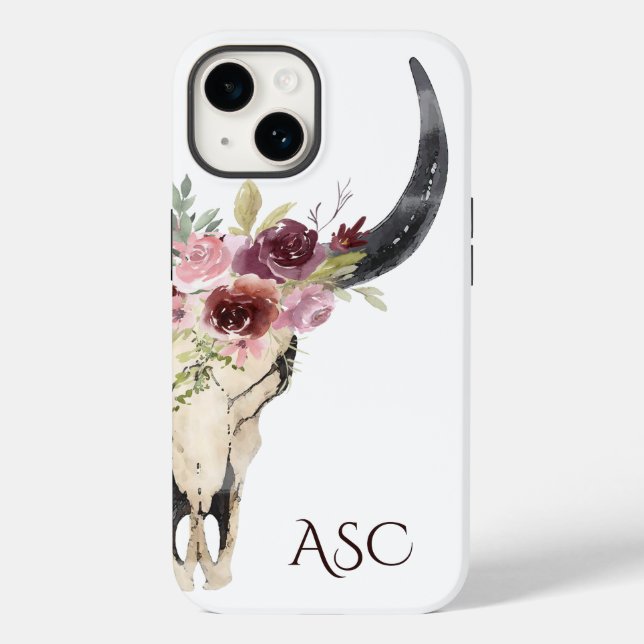 Monogram Boho Floral Skull Case-Mate iPhone Hülle (Rückseite)