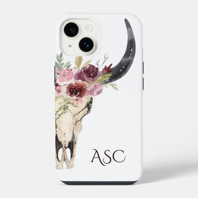 Monogram Boho Floral Skull iPhone Hülle (Rückseite)