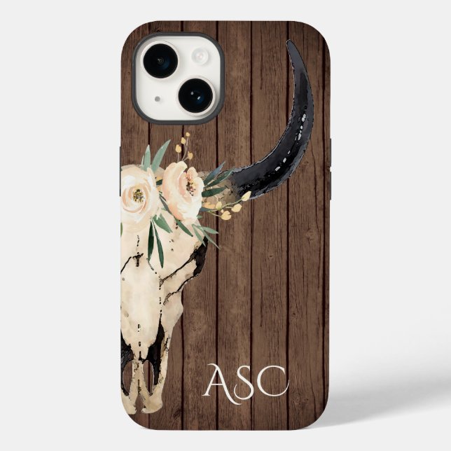 Monogram Boho Floral Skull Rustic Holz Hintergrund Case-Mate iPhone Hülle (Rückseite)