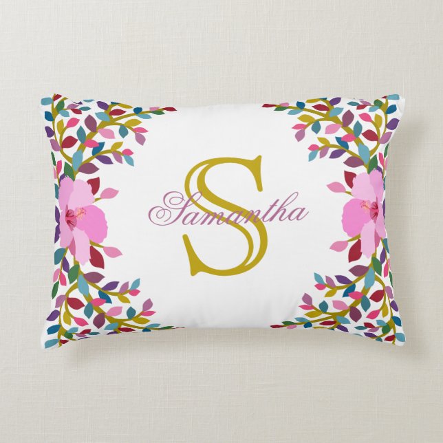 Monogram Boho Foliage & Hibiskus Akzent Pillow Dekokissen (Vorderseite)