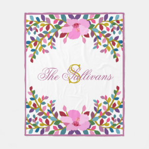 Monogram Boho Foliage Hibiskus Fleece Blanket