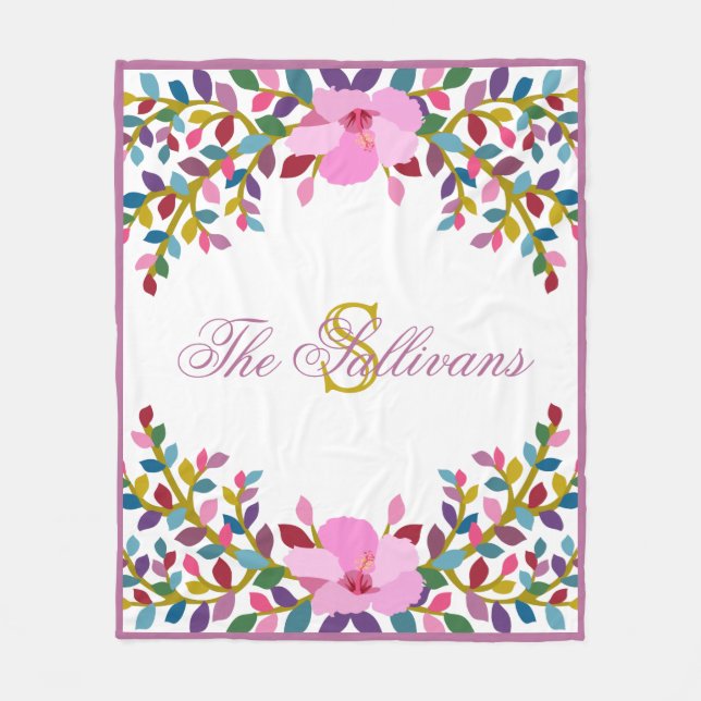 Monogram Boho Foliage Hibiskus Fleece Blanket (Vorderseite)
