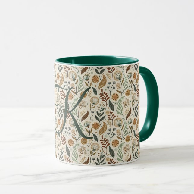 Monogram Boho Leaves Botanical Brown Green Beige Tasse (VorderseiteRechts)
