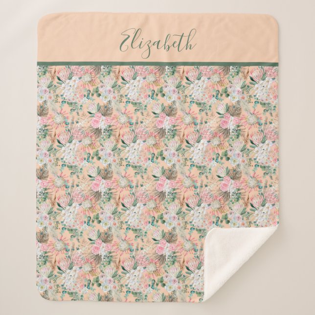 Monogram Boho Pink Peach White Floral Trendy Sherpadecke (Vorderseite)