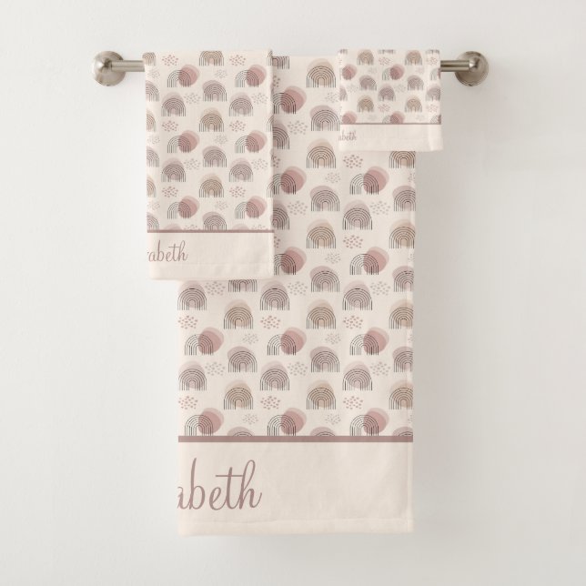 Monogram Boho Rainbow Abstrakt Beige Creme Pink Badhandtuch Set (Insitu)